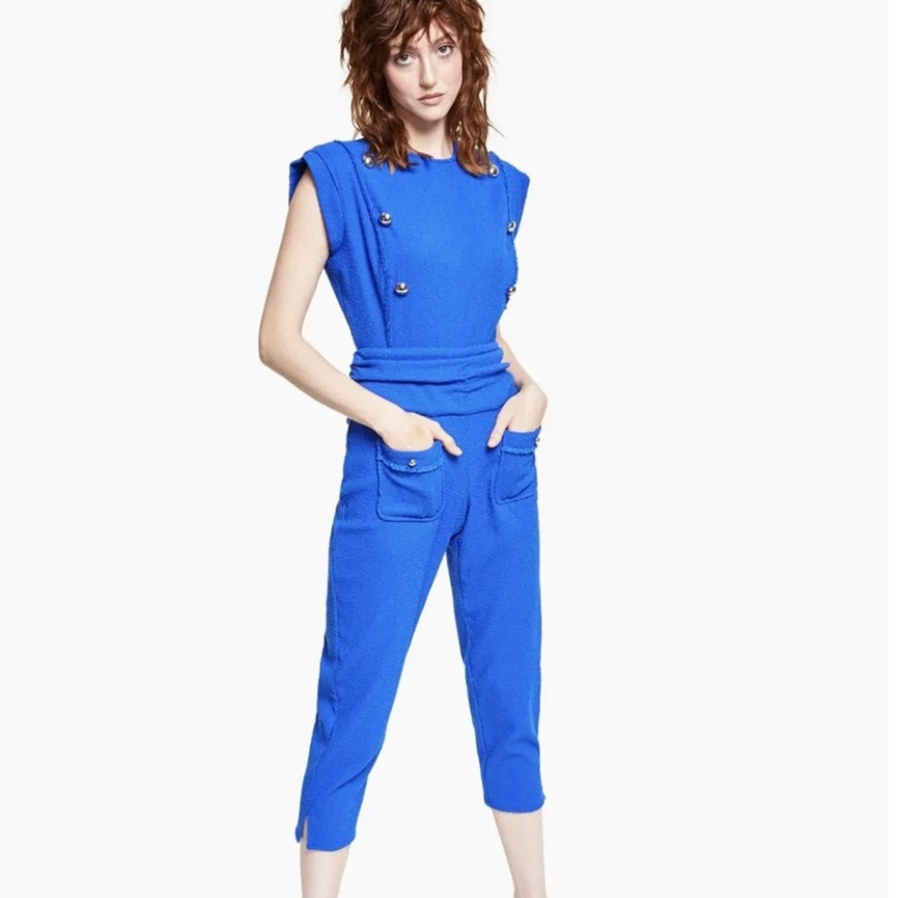 INC International Concepts Solid Pocket-Front
Boucle Jumpsuit Cosmic Cobalt Navy